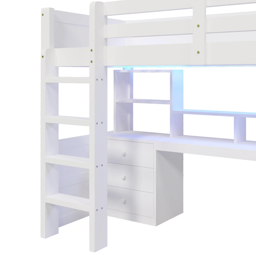 Letto a soppalco per bambini 90x200 cm con LED, scrivania e armadio bianco
