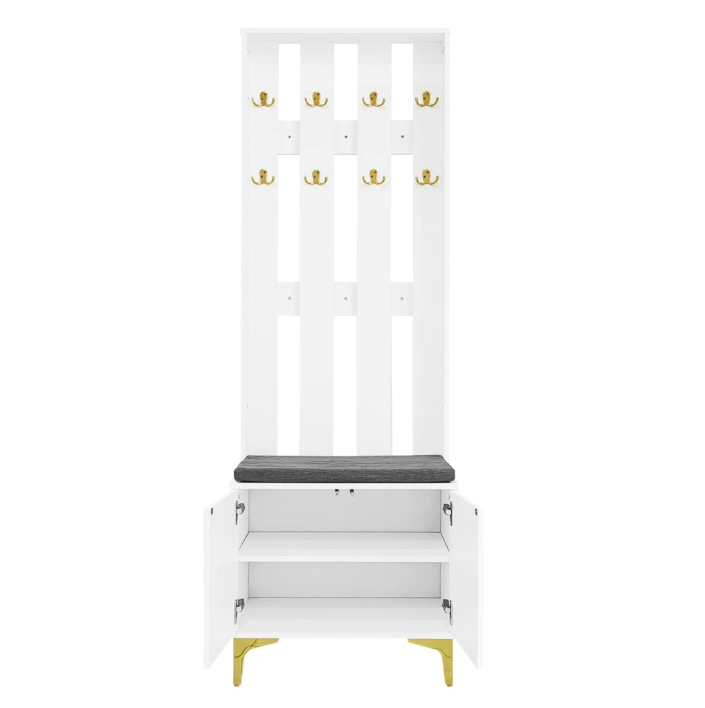 Guardaroba bianco con ripiani regolabili; ganci e cuscini grigi; 60.5 ¡Á 180.5 ¡Á 35.2 cm