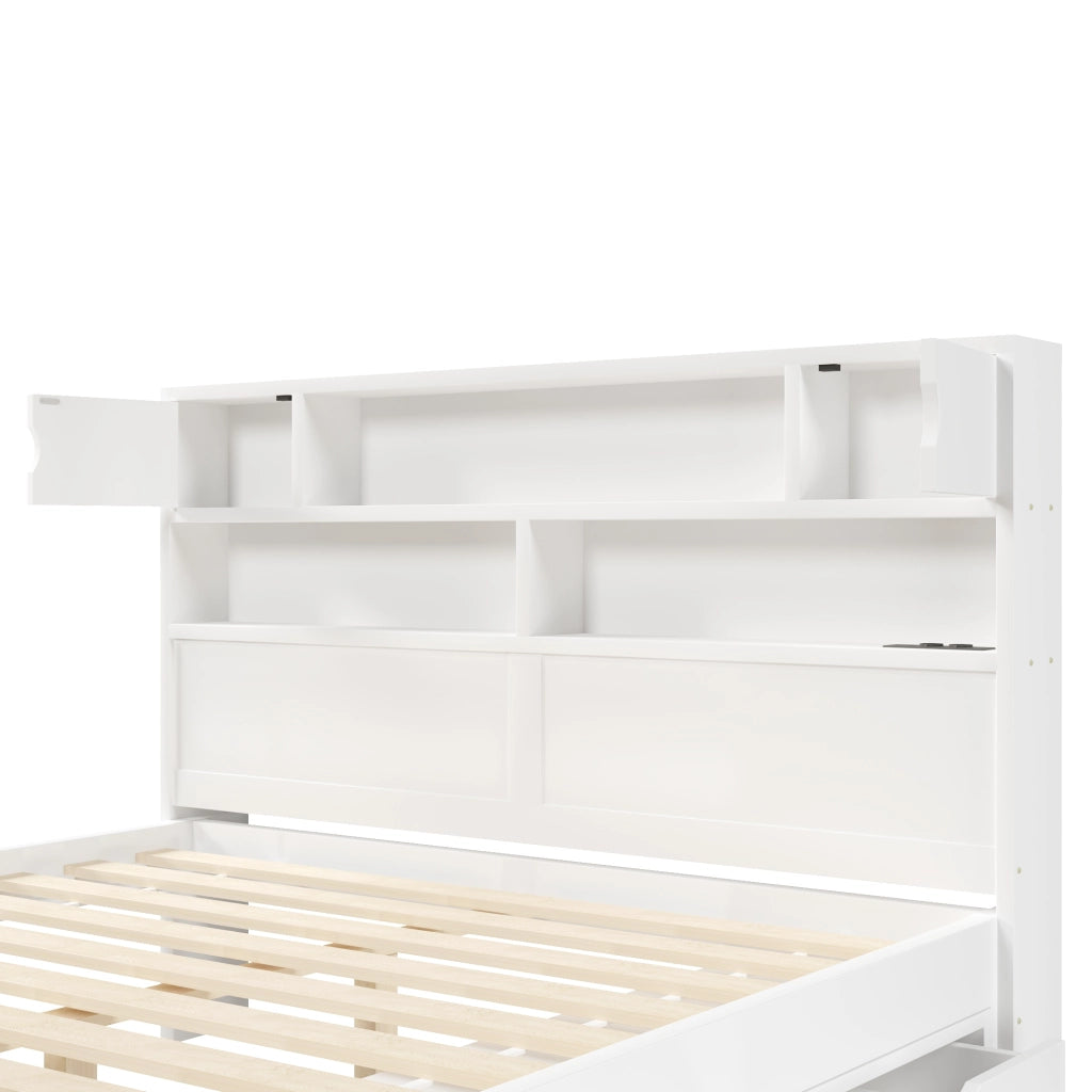 Letto matrimoniale 160x200 cm bianco con ripiani; LED; USB e 4 cassetti