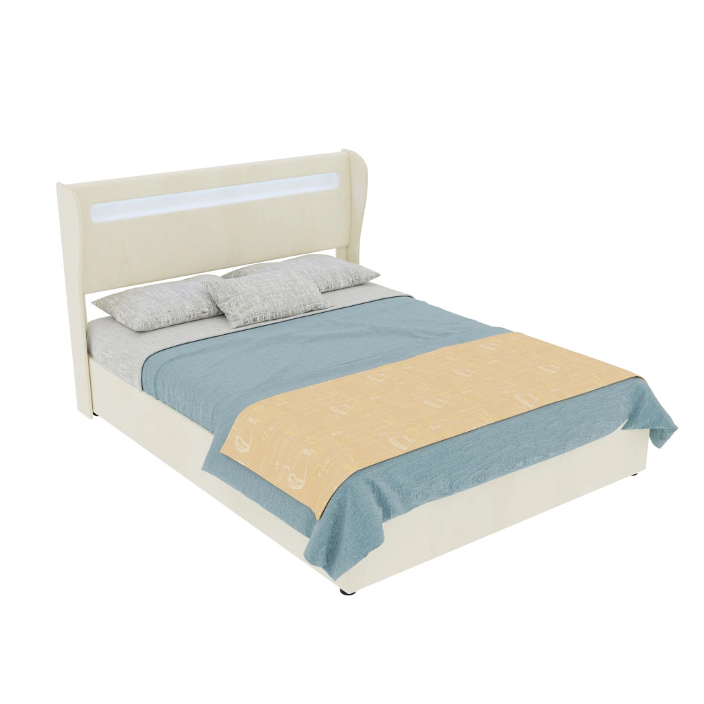 Letto contenitore matrimoniale 140 × 200 cm 2 posti con LED regolabile e base sollevabile, senza materasso, beige