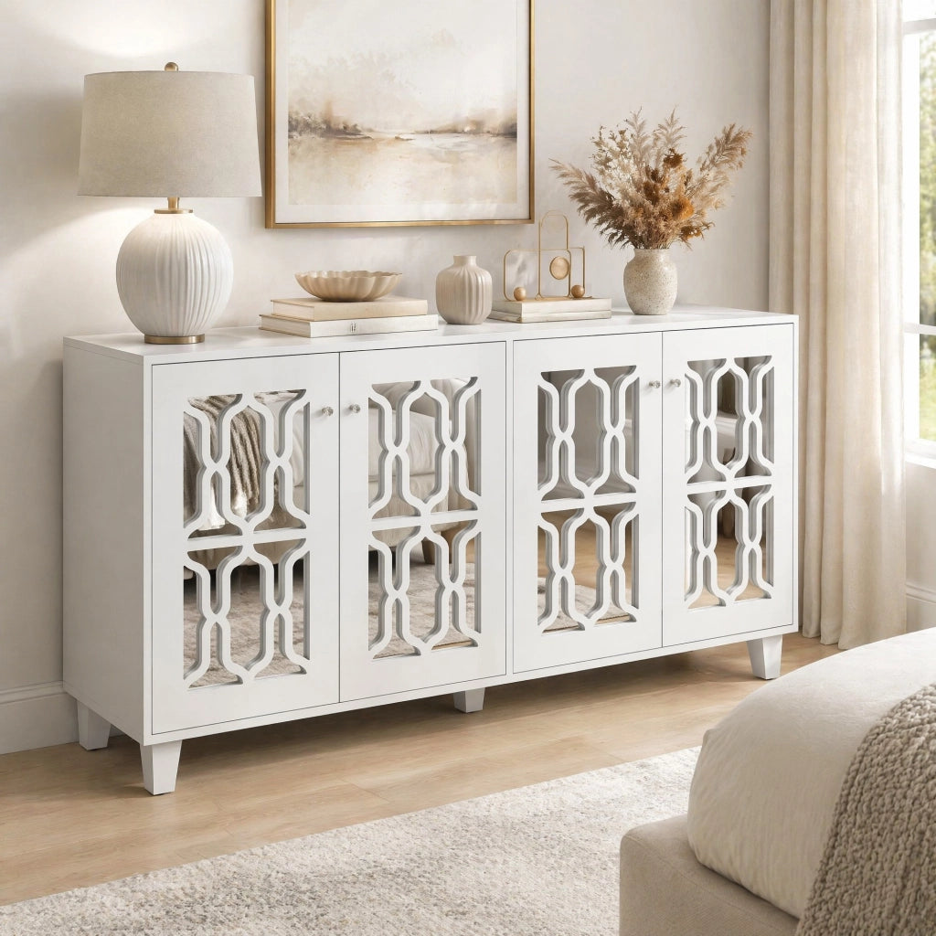 Credenza bianca con superficie a specchio; 4 ante e ripiano interno mobile; 160 x 40 x 84 cm