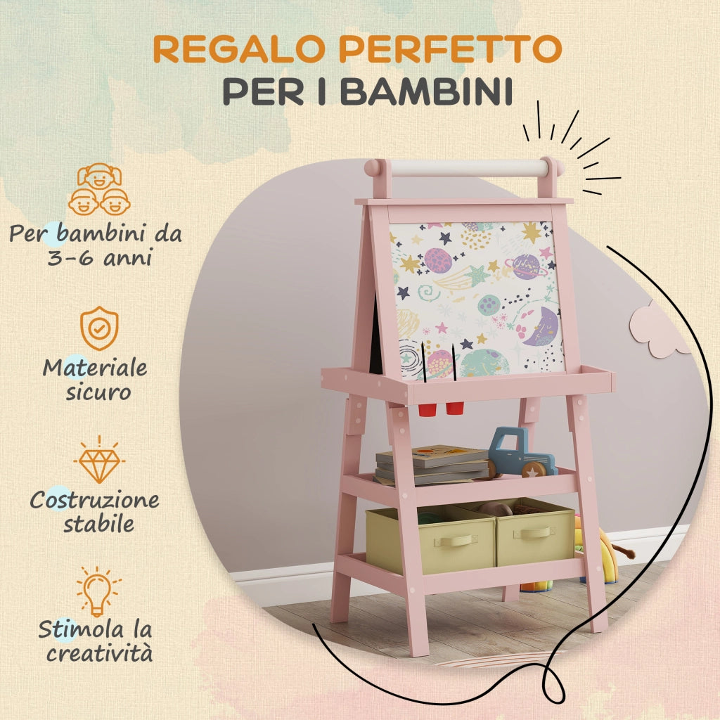 Lavagna per Bambini con Cavalletto 3 in 1 in Legno Rosa con Rotolo Carta e 2 Contenitori Multiuso 59x48x118 cm