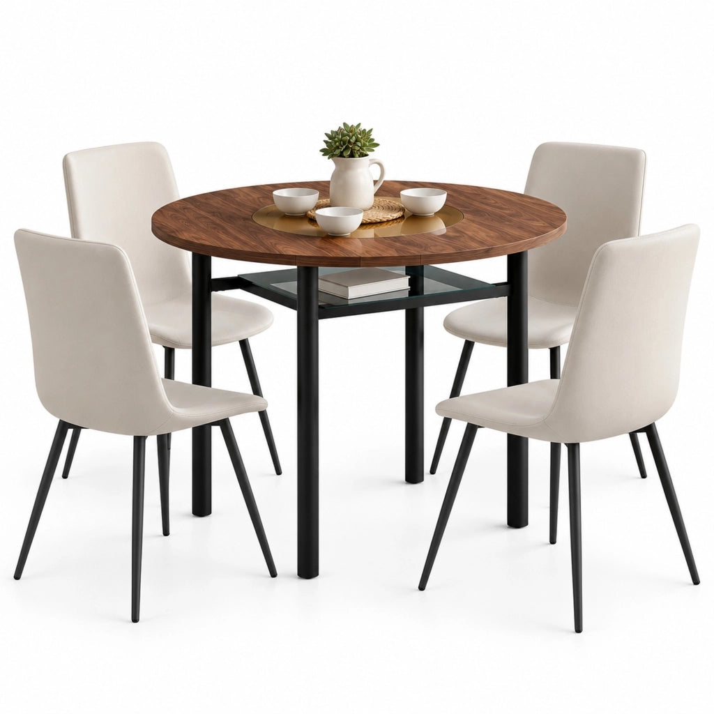 Set tavolo rotondo 100 cm marrone e nero con 4 sedie in similpelle PU
