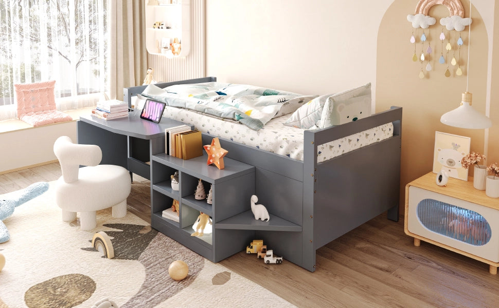 Letto multifunzionale per bambini 90 × 200 cm con scrivania contenitori prese USB gradini grigio in legno