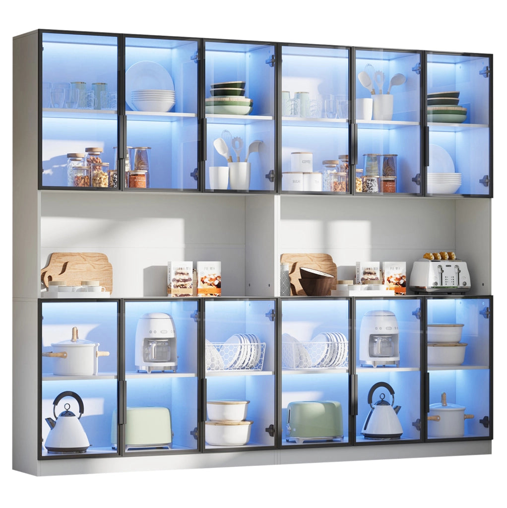 Vetrina bianca in MDF con 12 ante in vetro, illuminazione LED controllabile via app, 240x34x200 cm