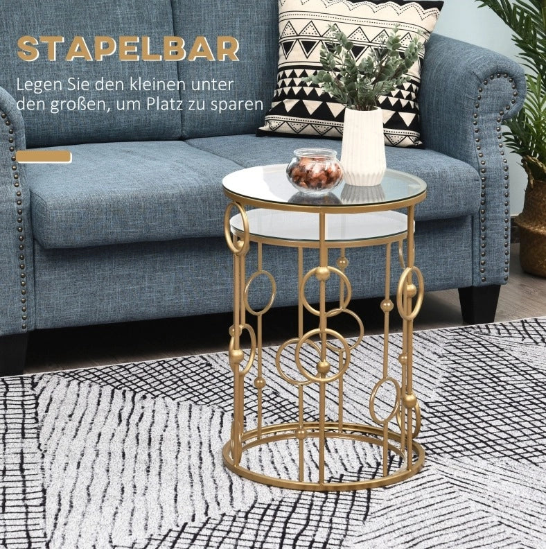 Set di 2 Tavolini da Salotto con Piano in Vetro, Design a Cerchi e Sfere, Ø41 x 57 cm, Oro