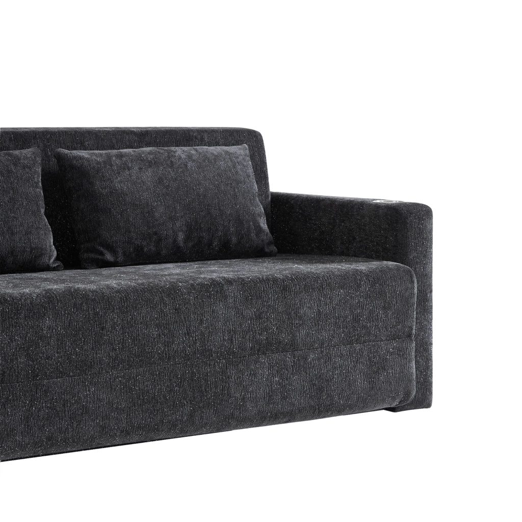 Divano letto 2 posti pieghevole con USB; portabicchieri e tasche laterali; nero/grigio