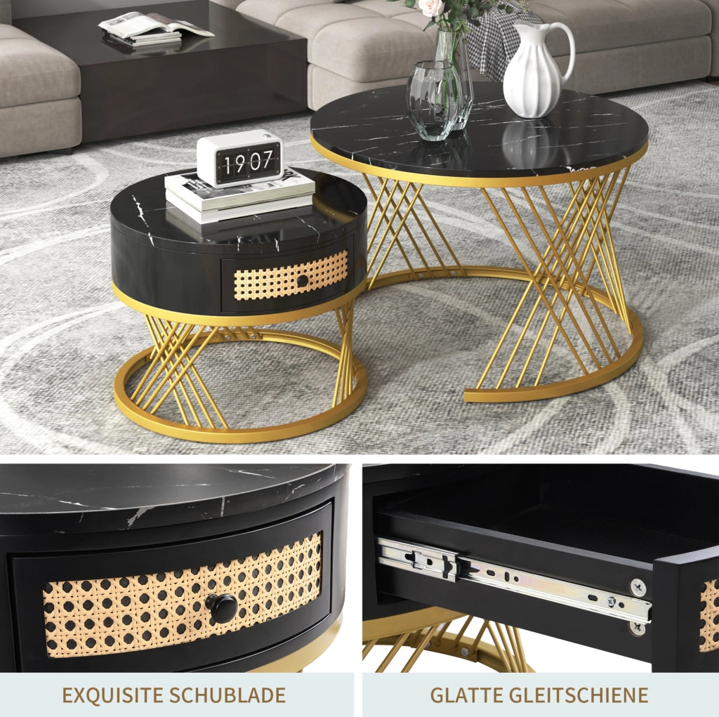 Set di 2 Tavolini Rotondi in MDF con Piano Marmo e Cassetti in Rattan Sintetico, Gambe in Ferro Dorato, 70x70x45,5 + 50x50x38,5 cm
