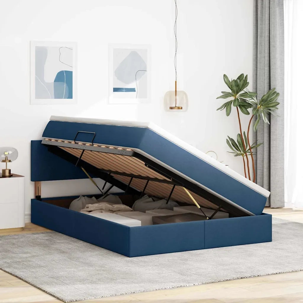 Letto con contenitore e LED con led Blu 140 x 190 cm Tessuto