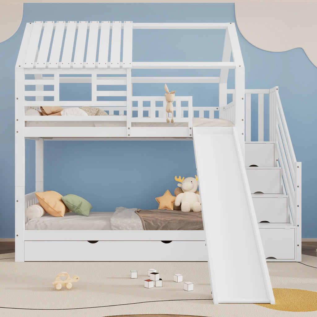 Letto A Castello A Casetta 90x200 Cm Con Scala E Scivolo; Legno Di Pino E MDF; Bianco
