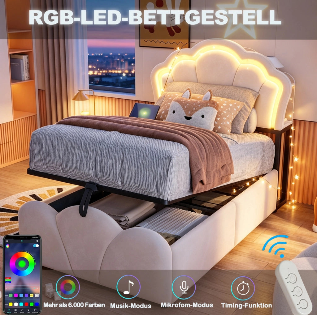 Letto imbottito 90x200 cm beige con contenitore, LED e prese