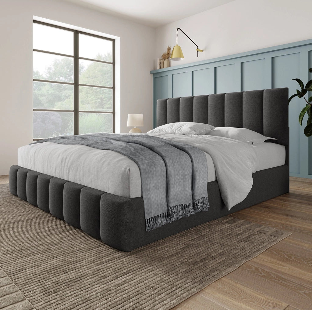 Letto imbottito 140x200 cm con testiera regolabile, contenitore e materasso grigio
