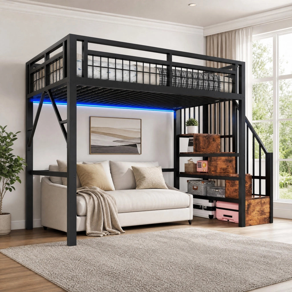 Letto a soppalco 90x200 cm con LED e scale contenitore nero HOMVRA
