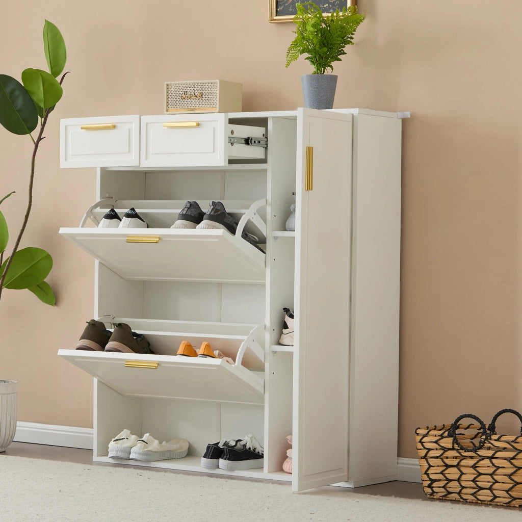 Scarpiera con ripiani regolabili due cassetti e vani aperti in truciolare bianco 95 × 24 × 107.5 cm