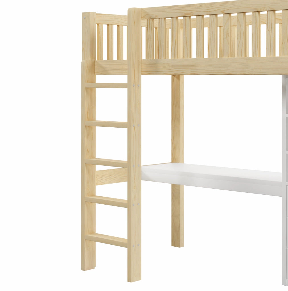 Letto a soppalco in legno di pino 90x200 cm con scrivania, armadio, 3 cassetti, scala e sponde, colore naturale