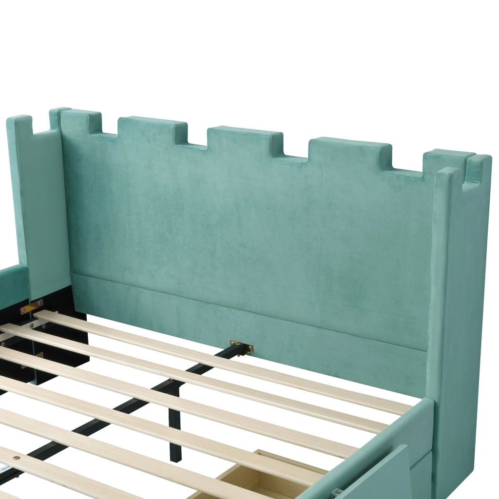 Letto con cassetti 140 × 200 cm con ripiano laterale pieghevole rivestito in velluto francese blu-verde