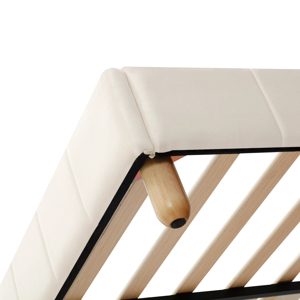 Letto per bambini in velluto beige con testiera inclinata; braccioli riposizionabili e tasche integrate