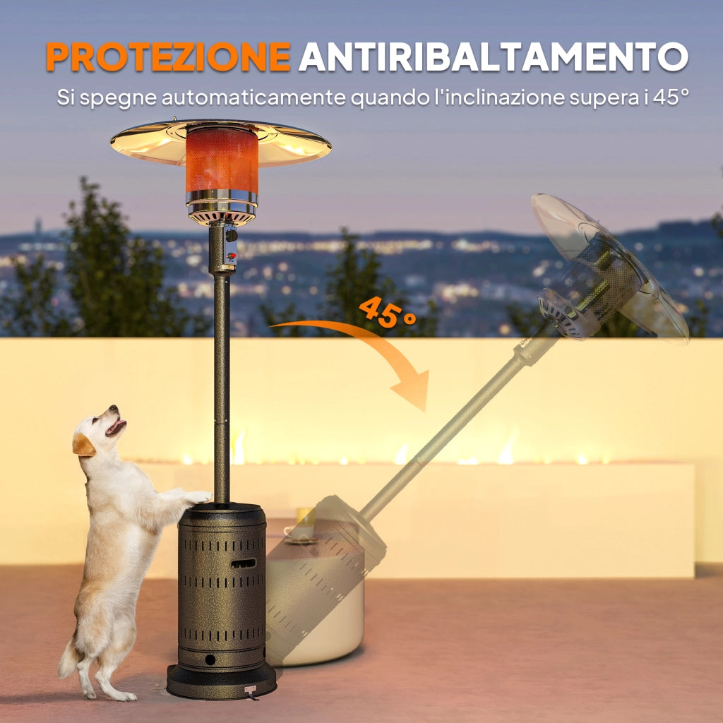 Riscaldatore da Esterno a Gas 11 KW in Metallo Marrone Scuro con Spegnimento Automatico e Ruote per Giardino 82x82x223 cm