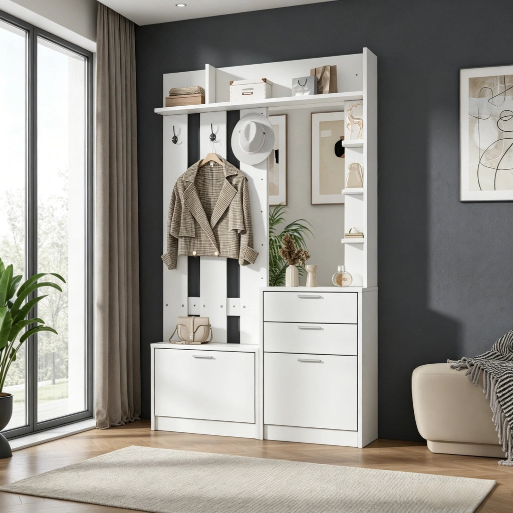 Mobile ingresso 110x34x185 cm bianco MDF con specchio e scarpiere