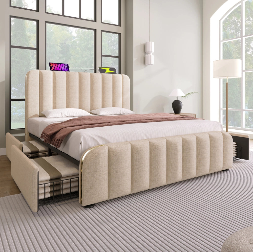 Letto matrimoniale imbottito 160x200 cm con testiera beige in lino, 4 cassetti, ricarica USB Tipo-C, supporto fino a 200 kg