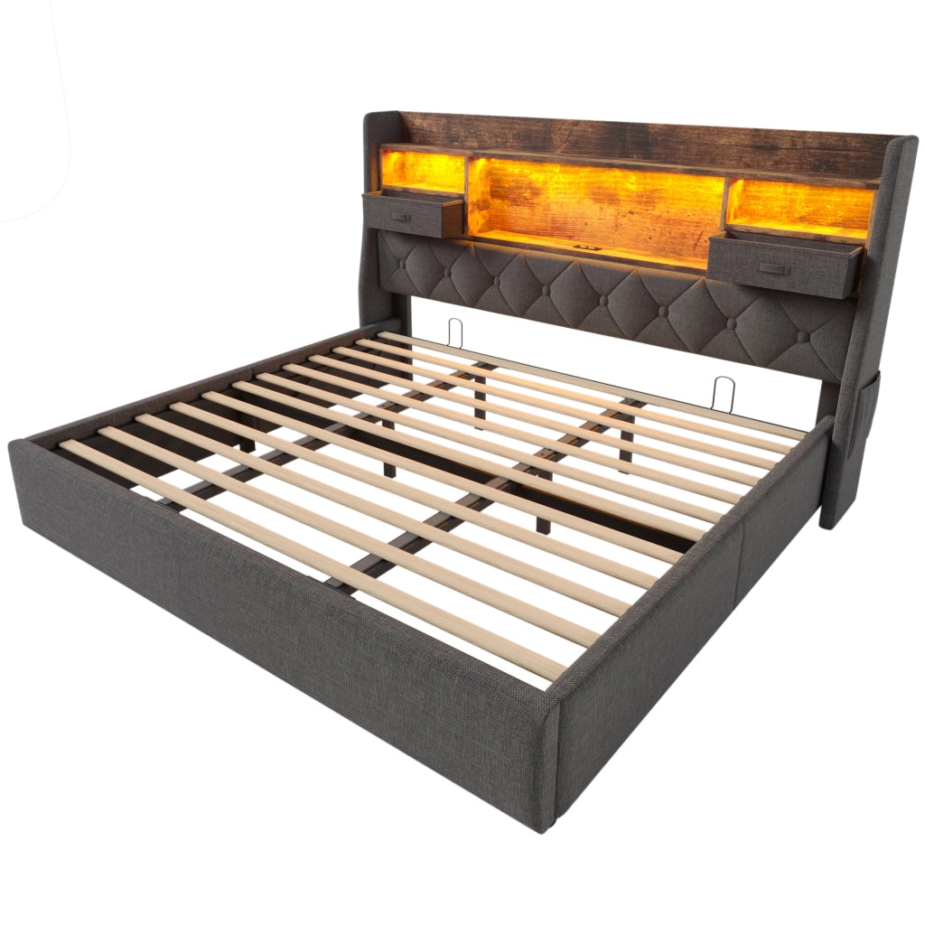 Letto Contenitore Matrimoniale Imbottito con LED e Doghe ¨C MINIMAL ¨C Grigio Tessuto 180x200