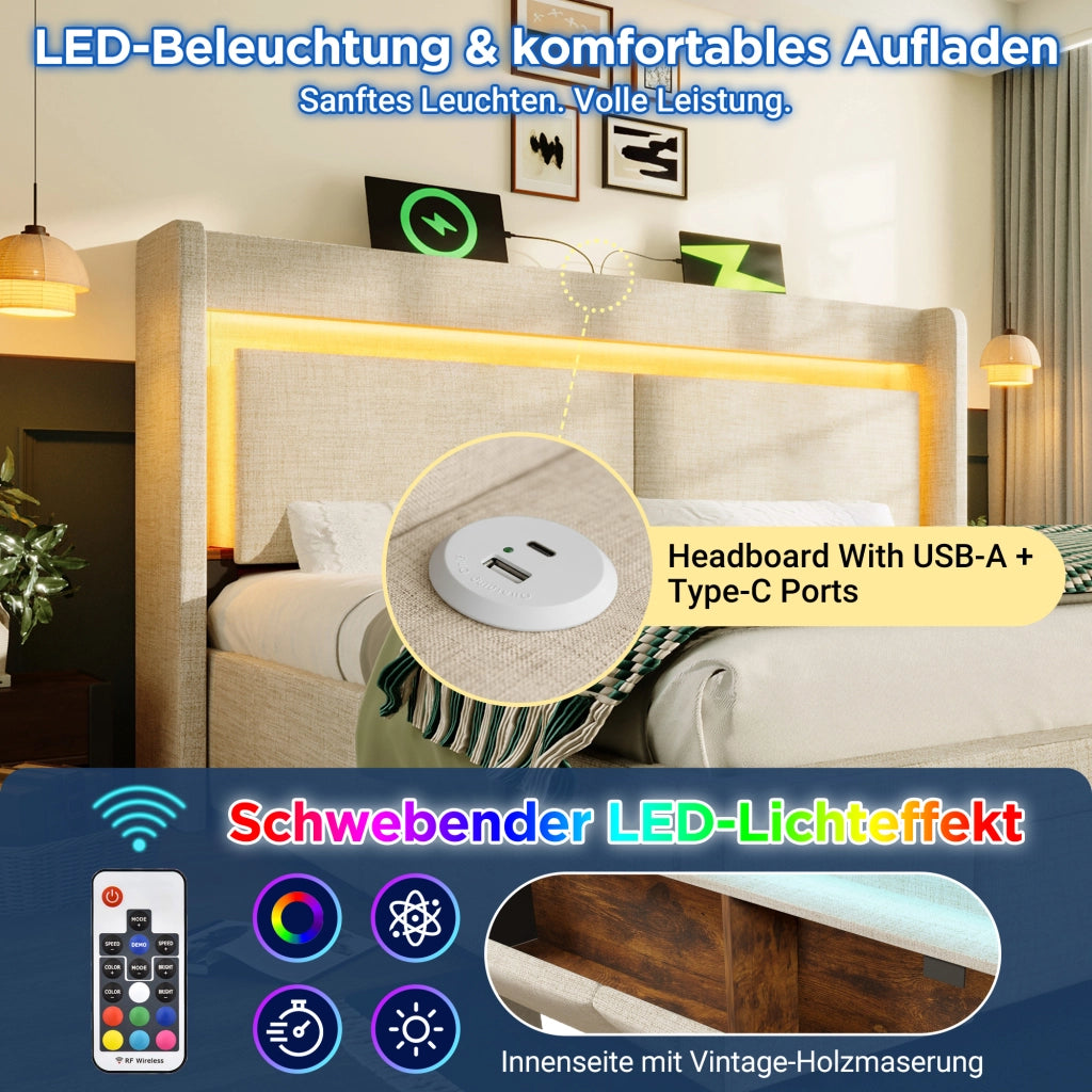 Letto contenitore 180 × 200 cm con testiera portaoggetti LED USB e USB-C in lino beige