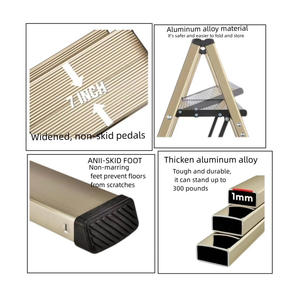 Scala pieghevole in alluminio color oro con gradini antiscivolo e piedini in gomma fino a 150 kg 65 × 45 × 82 cm