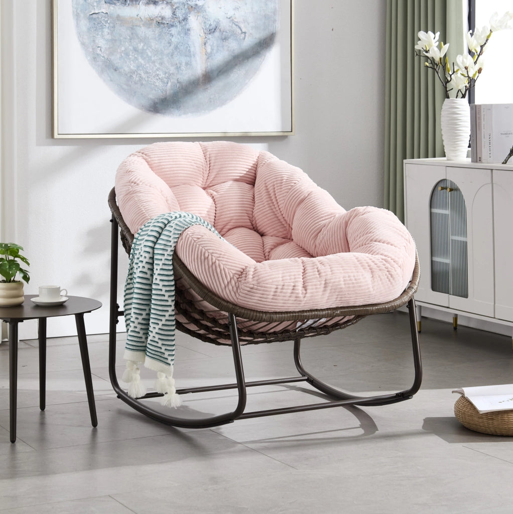 Sedia a Dondolo da Esterno in Rattan Sintetico con Cuscino Imbottito, 78x106x90 cm, Rosa