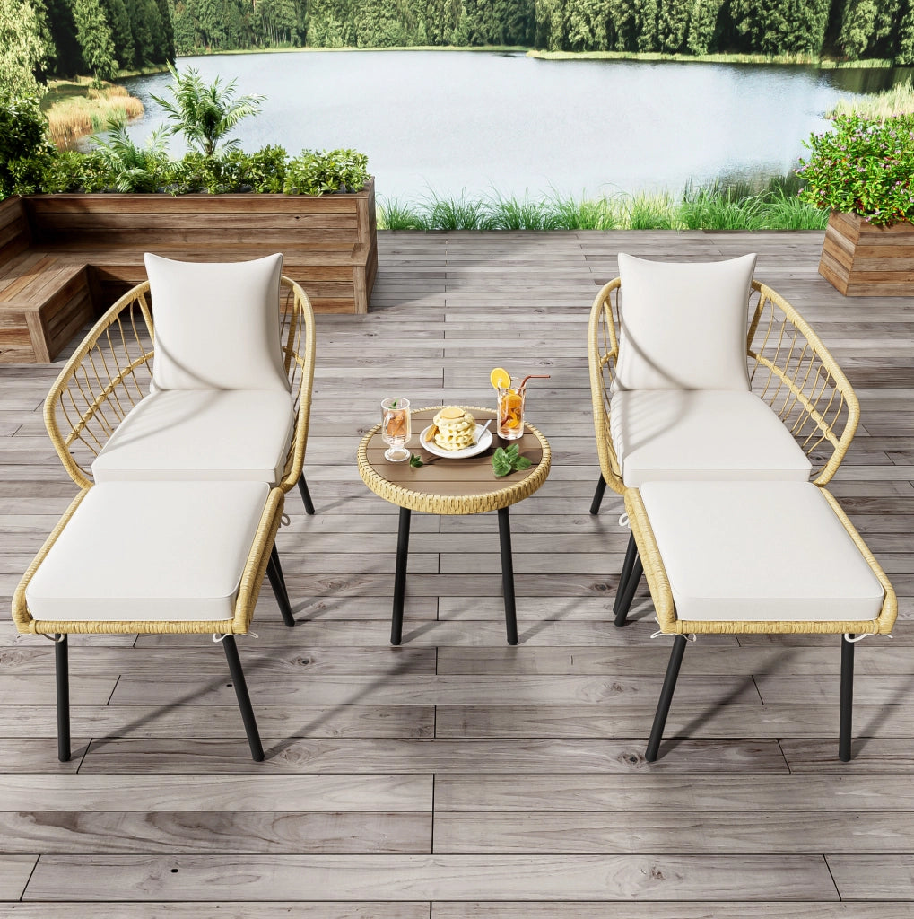 Set lounge da giardino 5 pezzi bianco e naturale in rattan con cuscini
