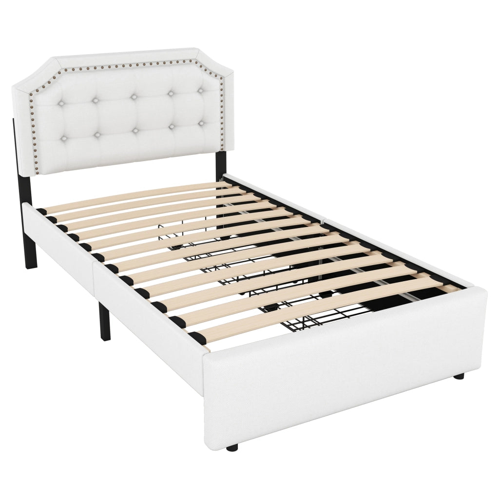 LETTO Imbottito 90x200 cm Beige Chiaro in MDF e lino con 2 cassetti
