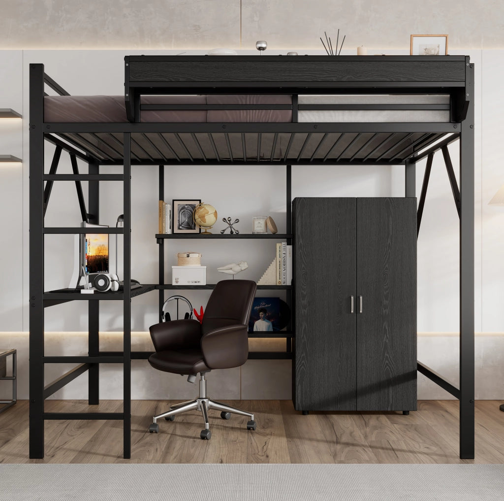 Letto a soppalco 140x200 cm con scrivania e armadio nero