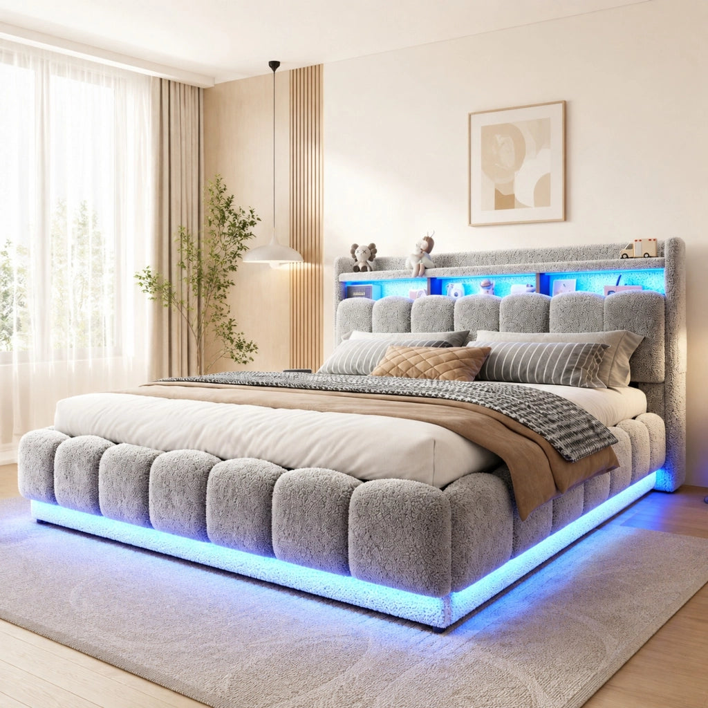 Letto imbottito 180x200 cm con LED, USB e vano idraulico