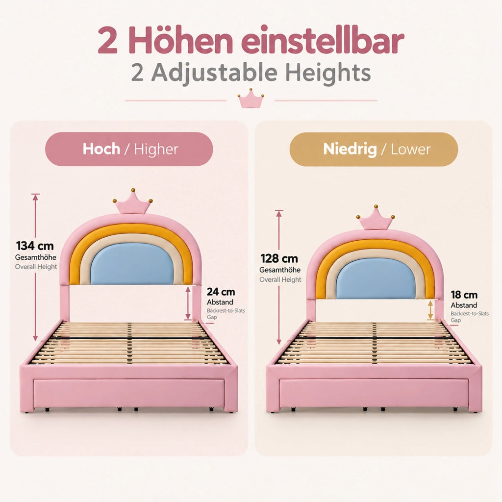 Letto per bambini 140 × 200 cm con 2 cassetti e testiera regolabile, senza materasso, con rivestimento in PU rosa