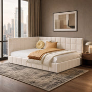 Divano letto 140 × 200 cm trasformabile con rete a doghe rivestito in velluto beige schienale reversibile