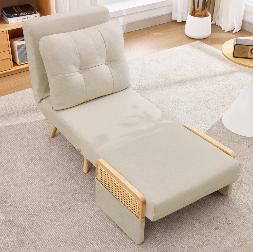 Poltrona letto 3 in 1 beige con schienale regolabile e braccioli intrecciati salvaspazio