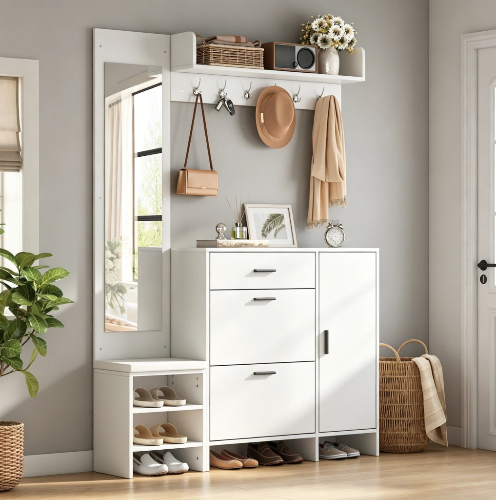 Mobile guardaroba da ingresso con scarpiera; specchio e panca; 140 ¡Á 30 ¡Á 200 cm; MDF bianco
