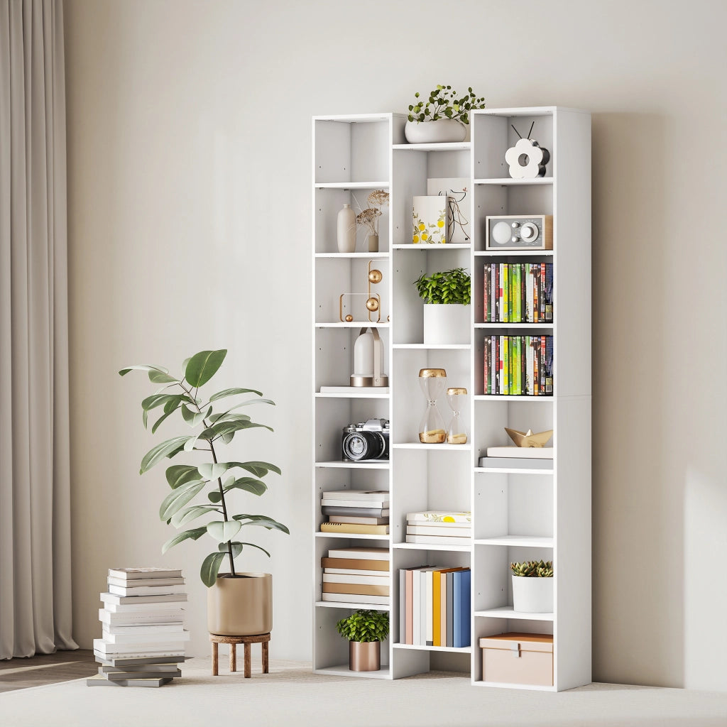 Libreria Bianca con 21 Vani e Ripiani Regolabili in Pannelli di Particelle; per Soggiorno; 89;5 x 23;5 x 181 cm
