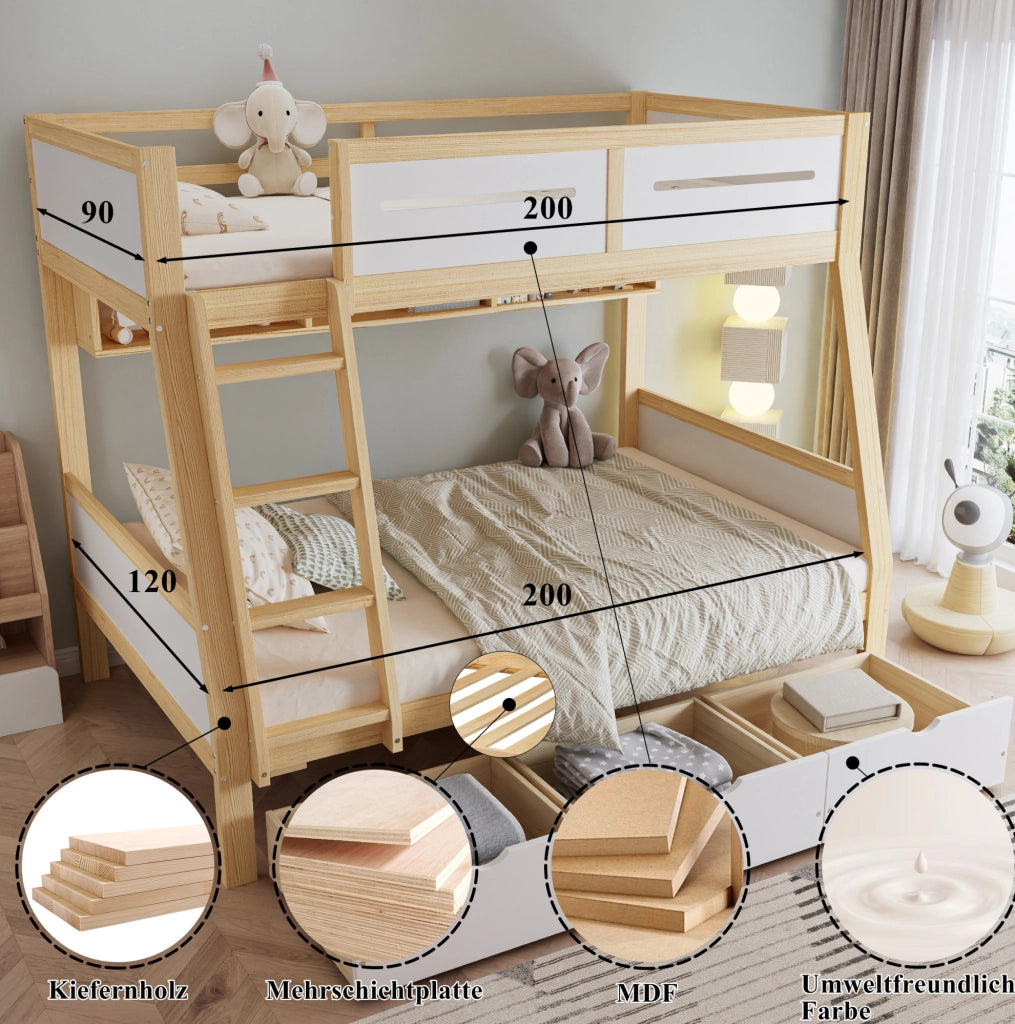 Letto a castello per bambini 90x200 e 120x200 cm bianco naturale