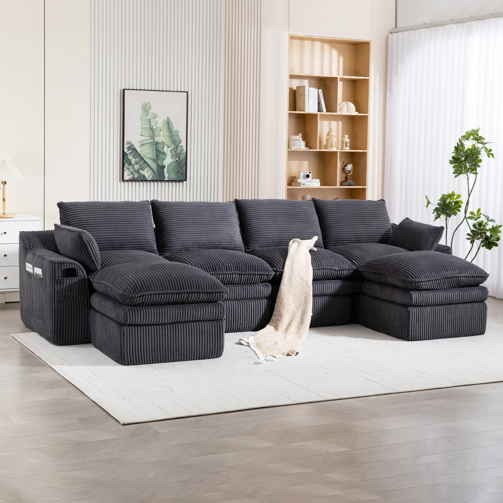 Sedili per divani modulari 4 con pouf 2; 335x167x85 cm;cuscini e tasche laterali;strati di seduta in schiuma 3 con molle;velluto a coste;grigio scuro