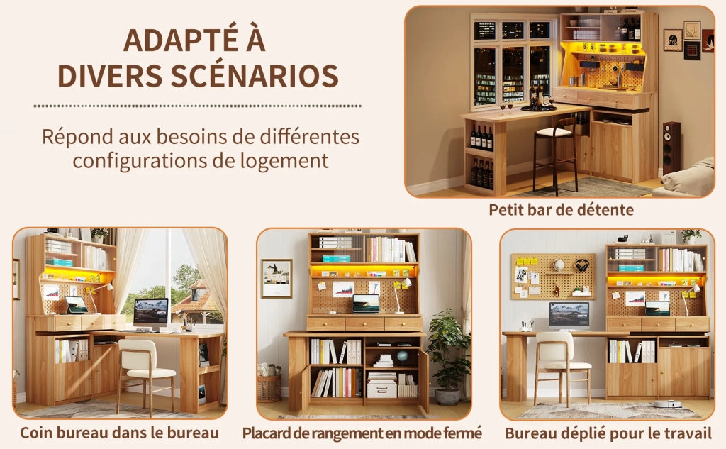 Armadio alto con scrivania e bancone, mobile multifunzione in marrone naturale con ante in vetro, ripiani regolabili, pannello forato, illuminazione LED e controllo app