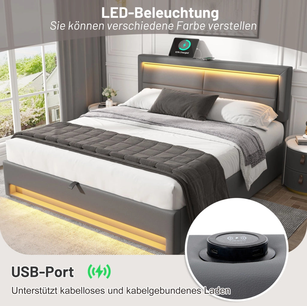 Letto imbottito 160x200 cm con LED, USB e contenitore grigio