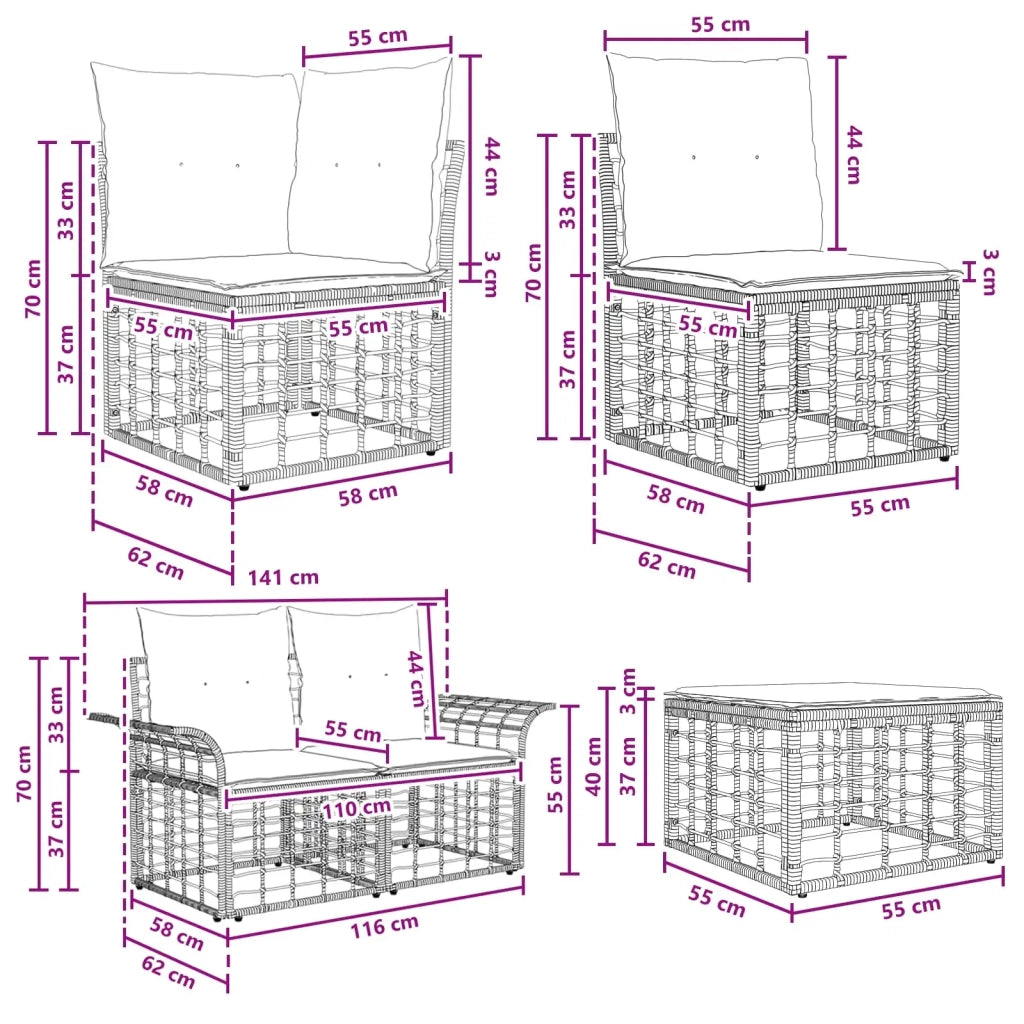 Set di divani da esterno 6 pz Nero e Grigio scuro Poliestere 3437733