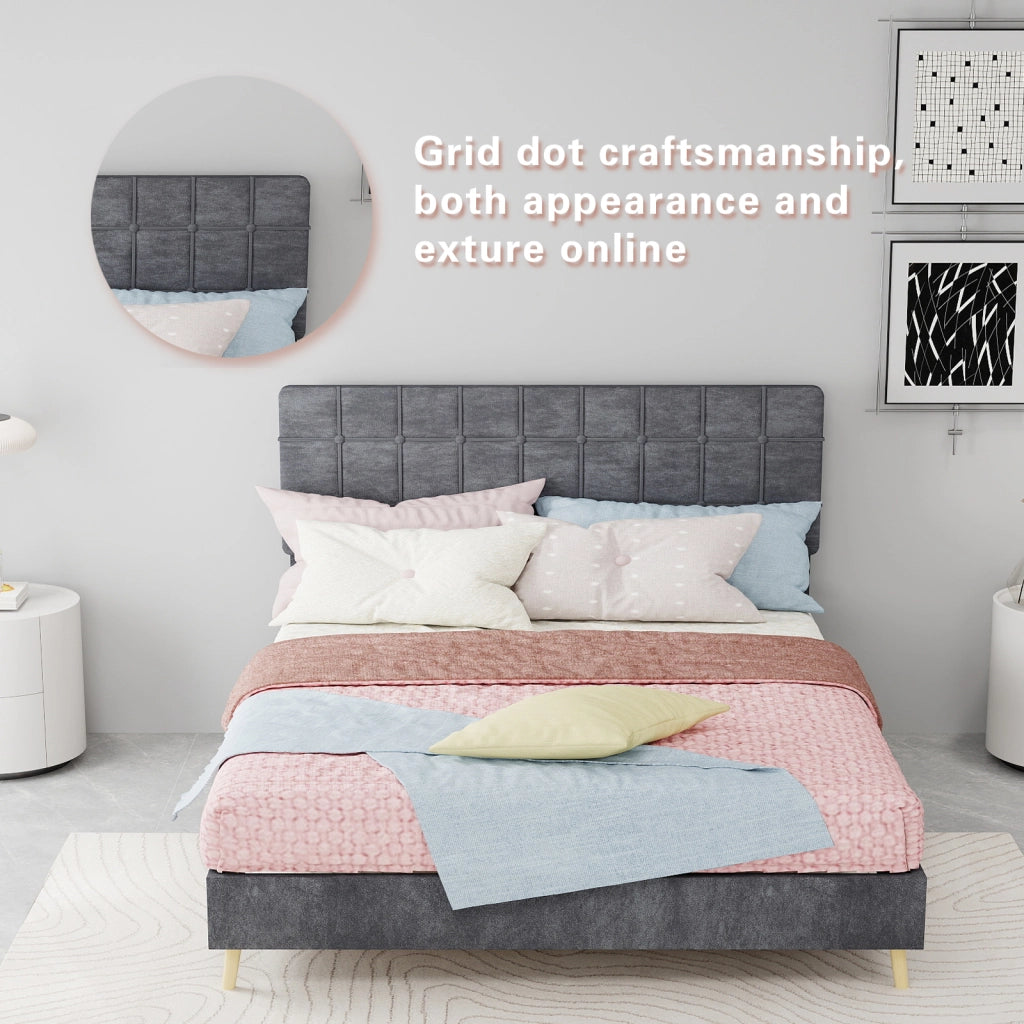 Letto 140 × 200 cm con testiera imbottita a quadri rivestito in velluto grigio