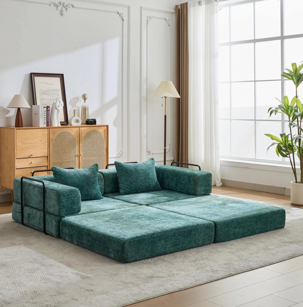 Divano letto 200x100x63 cm in ciniglia verde scuro, senza montaggio,