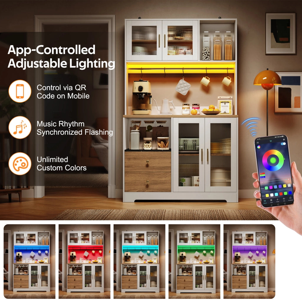 Colonna da cucina LED con 4 ante in vetro, ripiani regolabili e prese, MDF bianco e naturale, 110 × 40 × 178 cm