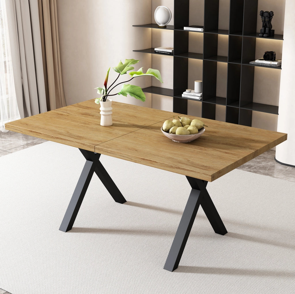 Tavolo da pranzo in MDF e metallo con gambe incrociate; color rovere