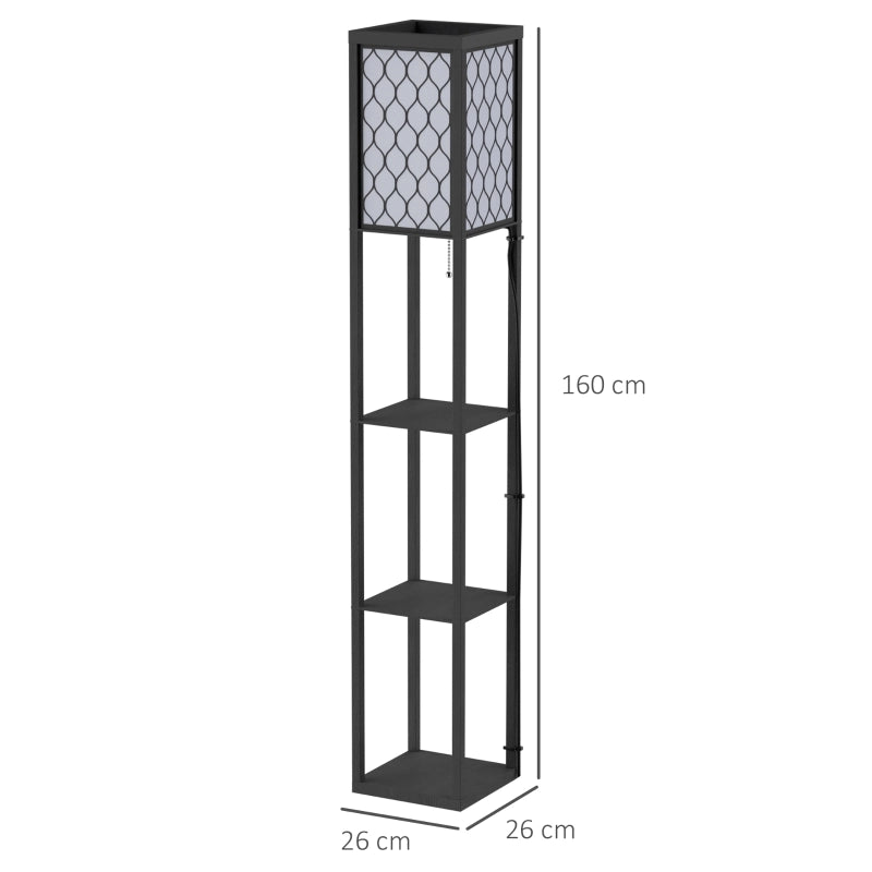 Lampada da terra con tre ripiani aperti paralume in tessuto interruttore a tirante attacco E27 nera 26 × 26 × 160 cm