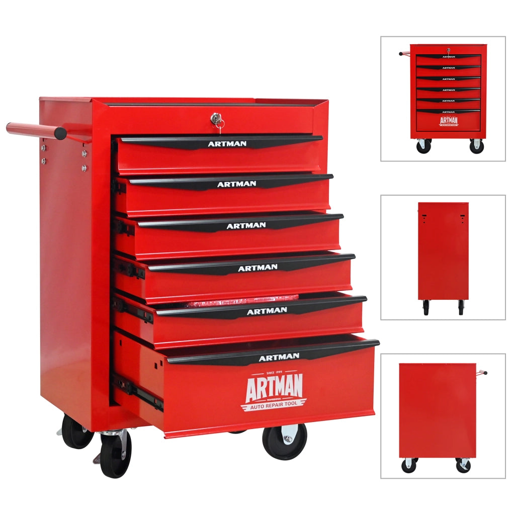 Armadio da officina mobile con 6 cassetti e ruote con freno in acciaio rosso e nero 60.0 × 33.0 × 77.5 cm