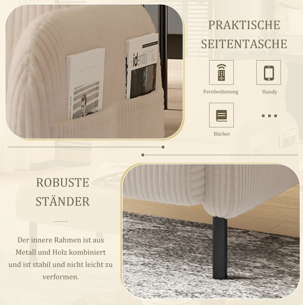 Poltrona singola beige in velluto a coste con tasca laterale