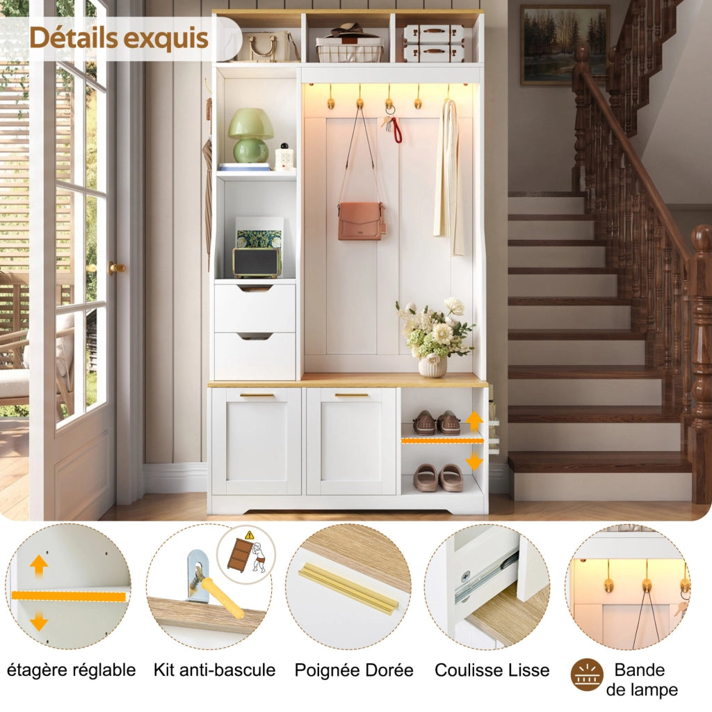 Mobile ingresso con guardaroba; panca e luce LED controllata da app; 100 x 32 x 186 cm bianco